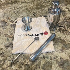 Casa Bacardi Puerto Rico Drawstring Bag with Bar Accessories, Shaker, Stirrer
